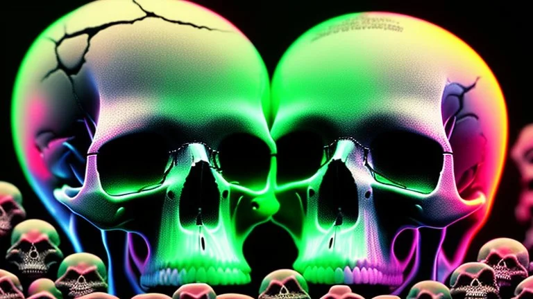 hundreds of anatomically correct, dark comic artl, human skulls stacked into a wall unusual neon lighting, high velocity, 64k, dystopian, vray, a picture of a dark, comedic, anatomically correct wall of colorful tightly packed skulls of varying sizes and expressions, photo-realistic, insanely meticulous, highly detailed,, 64k, dystopian, vray