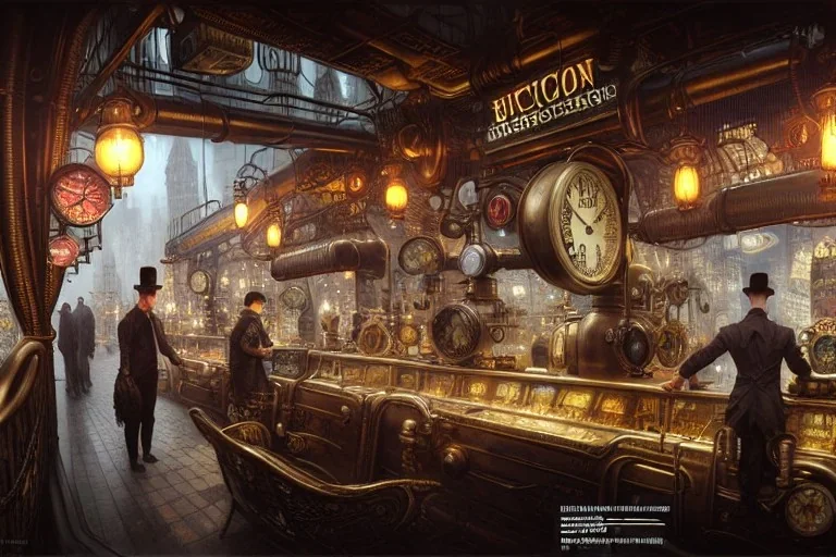 an intricately detailed digital illustration of a steampunk metropolitan city - scape inside of a steampunk double bacon cheeseburger, ultra realistic, concept art, intricate details, eerie, highly detailed, photorealistic, octane render, 8k, unreal engine. art by artgerm and greg rutkowski and charlie bowater and magali villeneuve and alphonse mucha