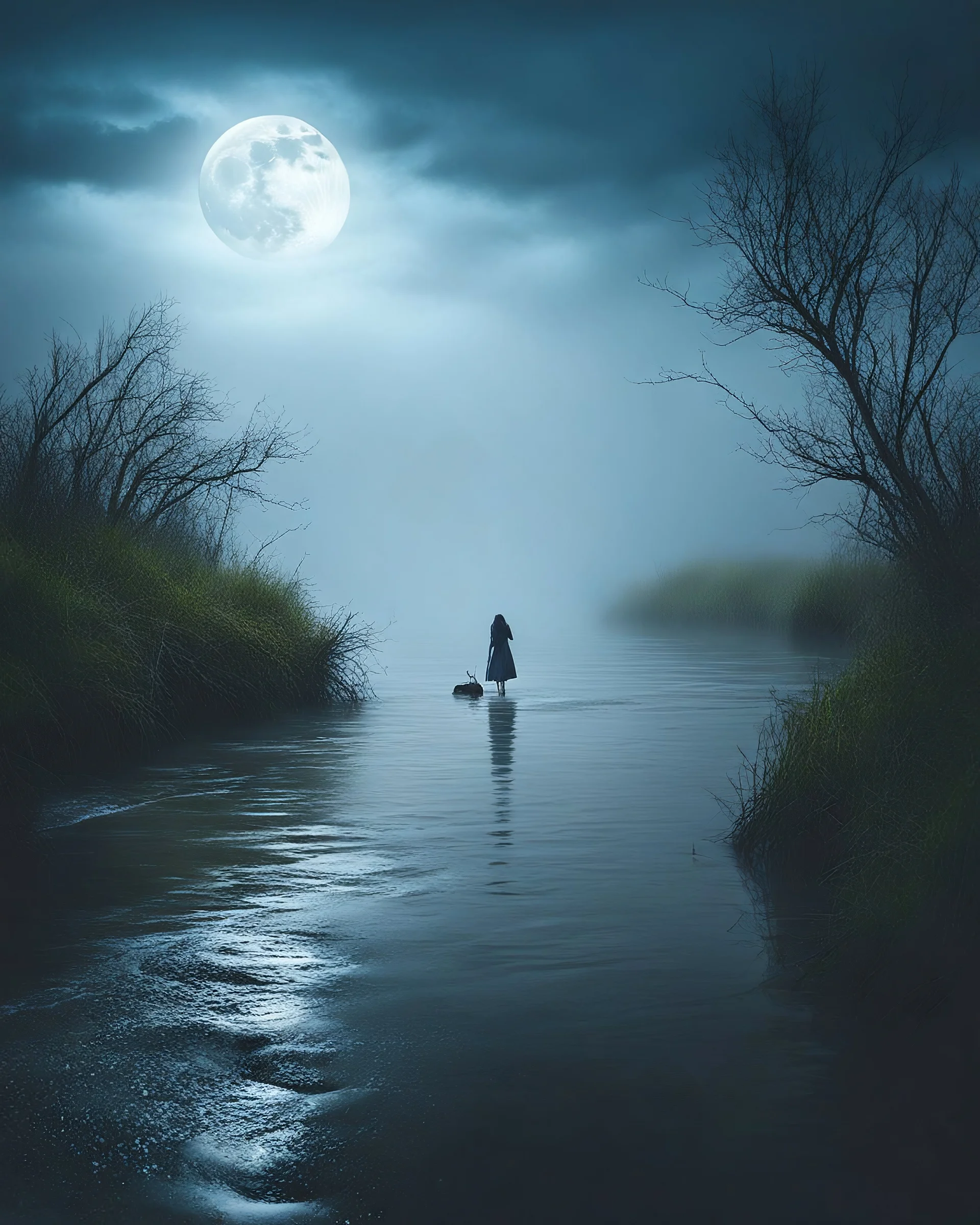 By Sergiо. Style by Greg Rudkowski. Thick white milky dense fog on a deserted beach with lonely bushes.flooded raged water . 2 women and a child In the stormy wether in the water a bridge is falling in the river a full moon in the foggy sky