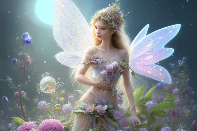 one very little beautiful fairy on a big crystal subtle flower in a galactic ambiance, transparent petals, delicate colors, in the foreground, full of details, smooth, bright sunshine，soft light atmosphere, light effect，vaporwave colorful, concept art, smooth, extremely sharp detail, finely tuned detail, ultra high definition, 8 k, unreal engine 5, ultra sharp focus