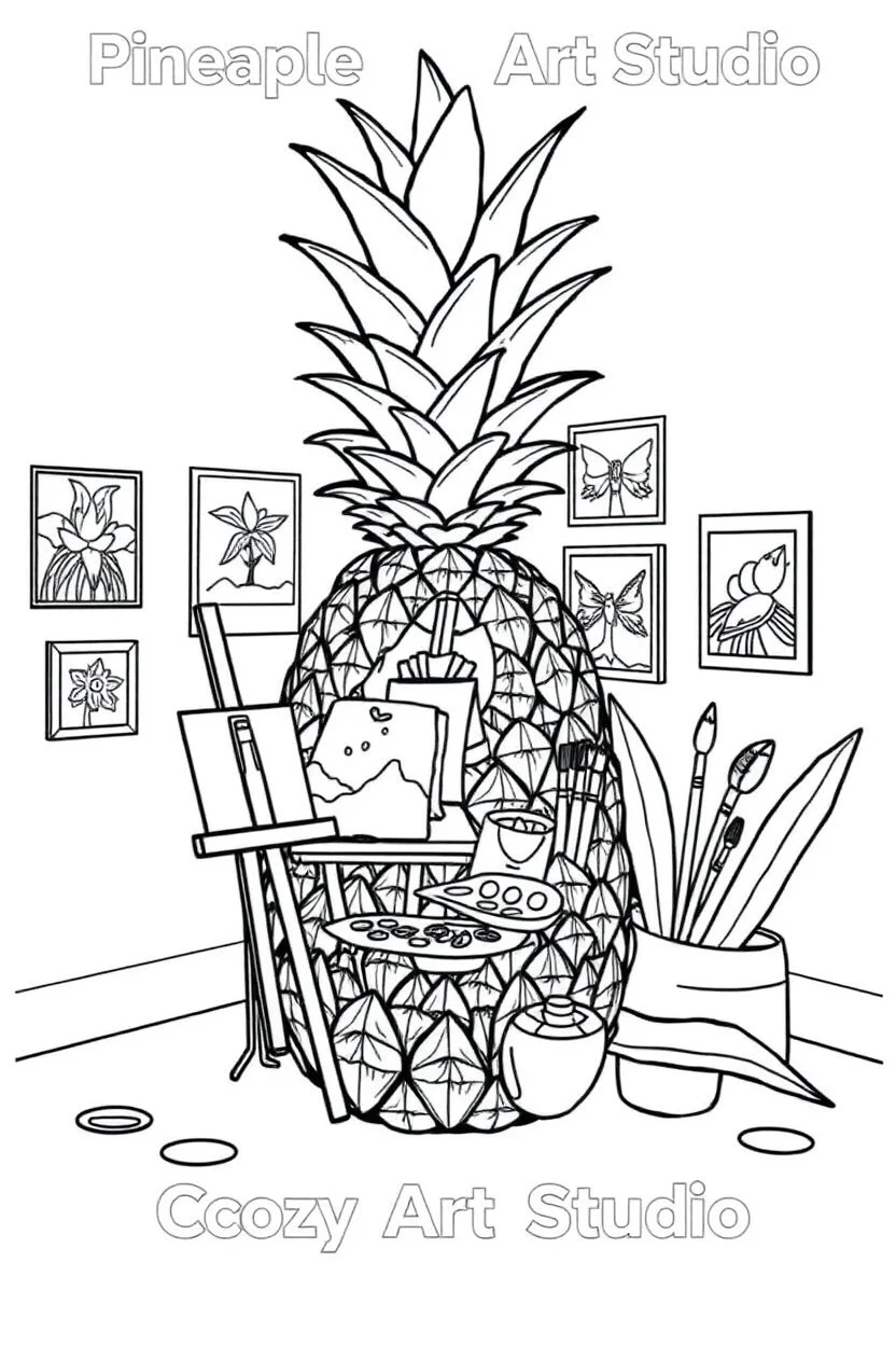 Pineapple Cozy Art Studio Coloring Page: A pineapple cross-section displaying an art studio. Features an easel, paint palettes, brushes, and artworks hung on the walls.