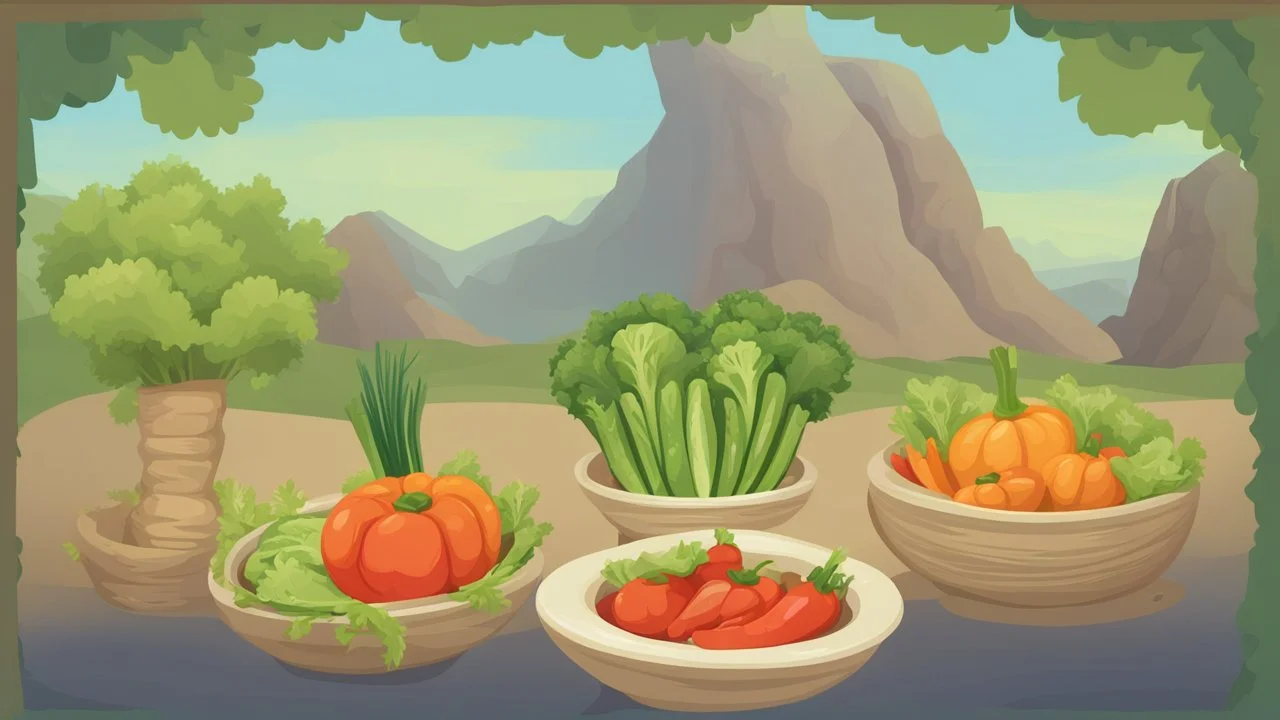 illustration for game. some vegetables bowls on a large island