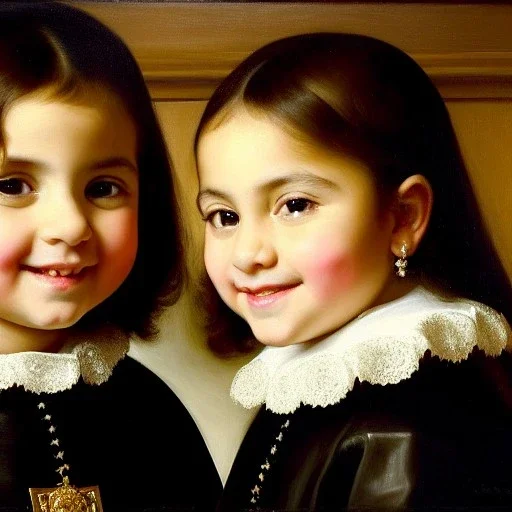 portrait of sisters Eira Santiago Arnau(10 year old, dark blonde) and Dalia Santiago Arnau (6 year old, brunette) by Velazquez,smiling, oil on canvas, cinematic composition, extreme detail,8k,fit full head inside picture,