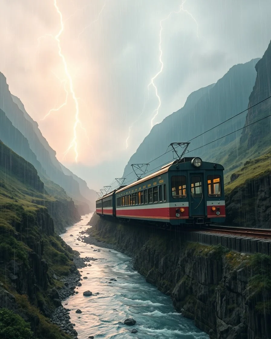 Long distance view Realistic Photography Panoramic style electric sky rain, atmospheric beautiful electric sky train, rides in stunning river and mountain landscape, mountain gorge, bright color palette, high detail, perfect composition, cinematic shot, intricate details, hyperdetail