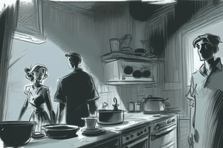 black and white storyboard, couple on foreground, we don t see them well because they are close and between them in the middle we see 3 cooks, scattered throughout the kitchen