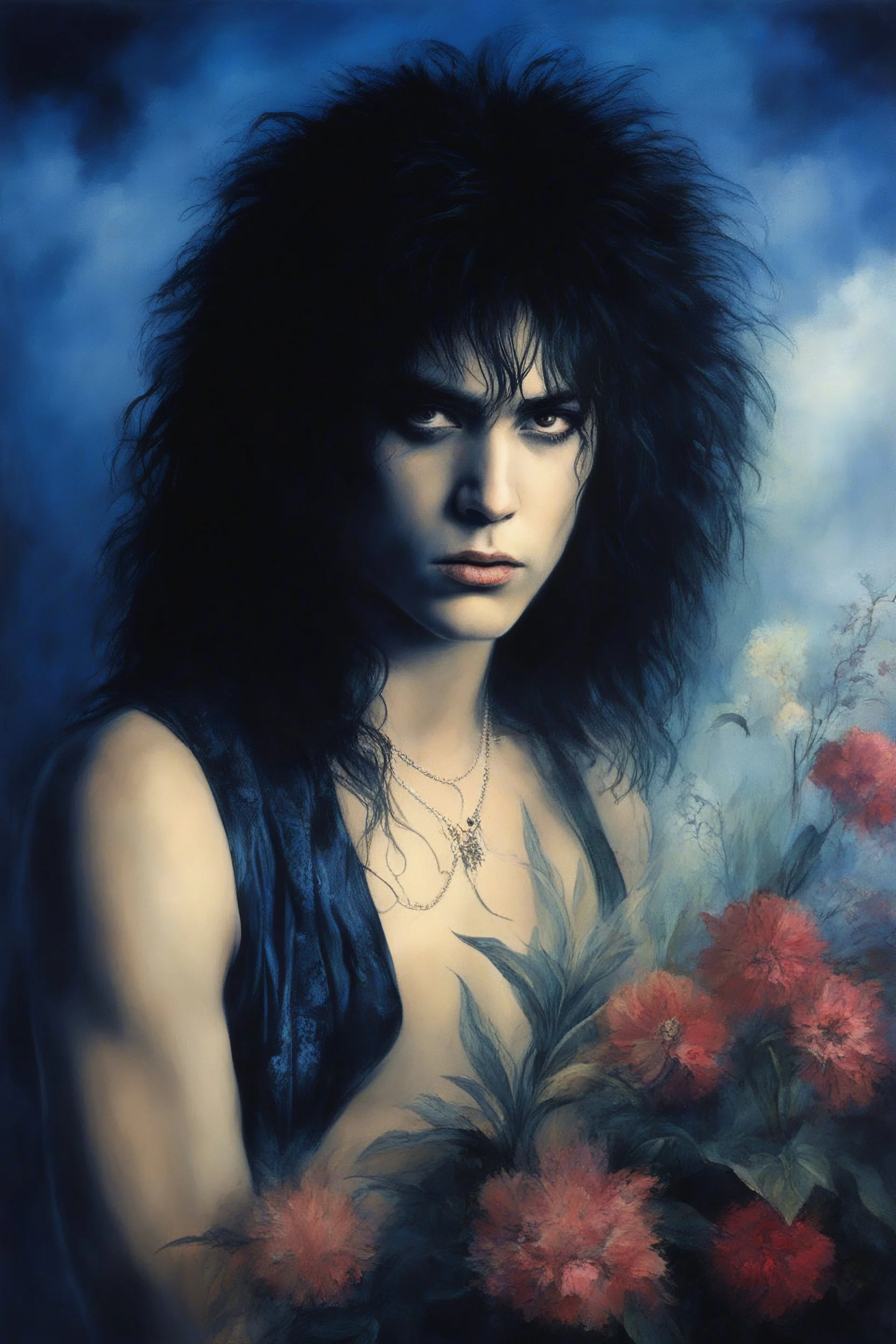 Chiaroscuro lighting, deep shadows, rich deep colors, facial portraits, 1980, 16-year-old Paul Stanley, ((1980's big hair, long, teased up Spikey Motley Crue style hair)), black hair, facial portraits, foggy, cloudy blue wall with assorted designs and multiple floral arrangements in the background, 4k, 8k, 16k, 32k, 100k UHD, Ultra-Hyper Resolution, dark, sultry eyeshadow, eyeliner, mascara, rouge, lipstick, from the rock and roll band KISS