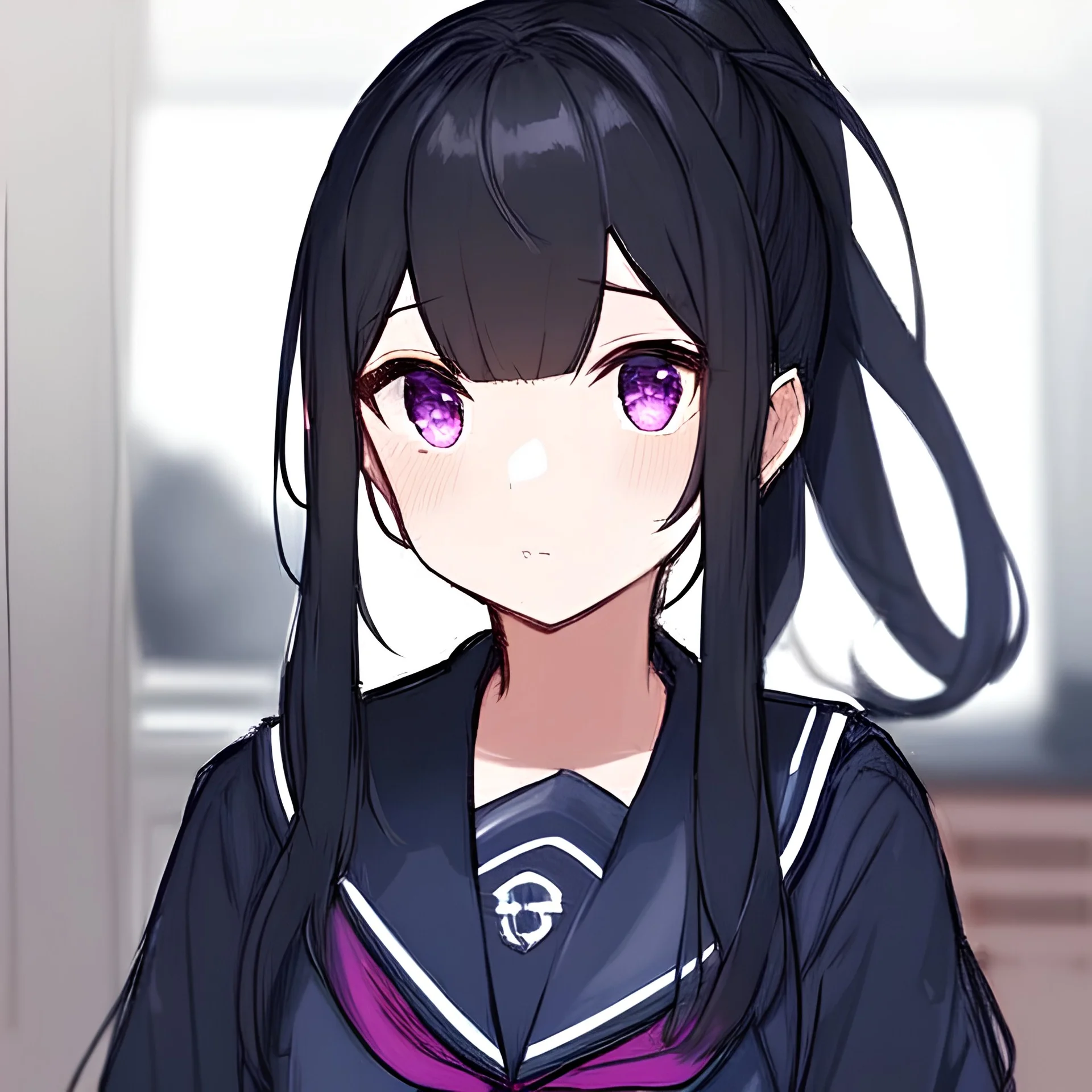 Clear focus, High resolution, short black fluffy hair, long locks, chopped bangs, pony tail, purple eyes, wearing a sailor uniform, (solo), rough line sketch