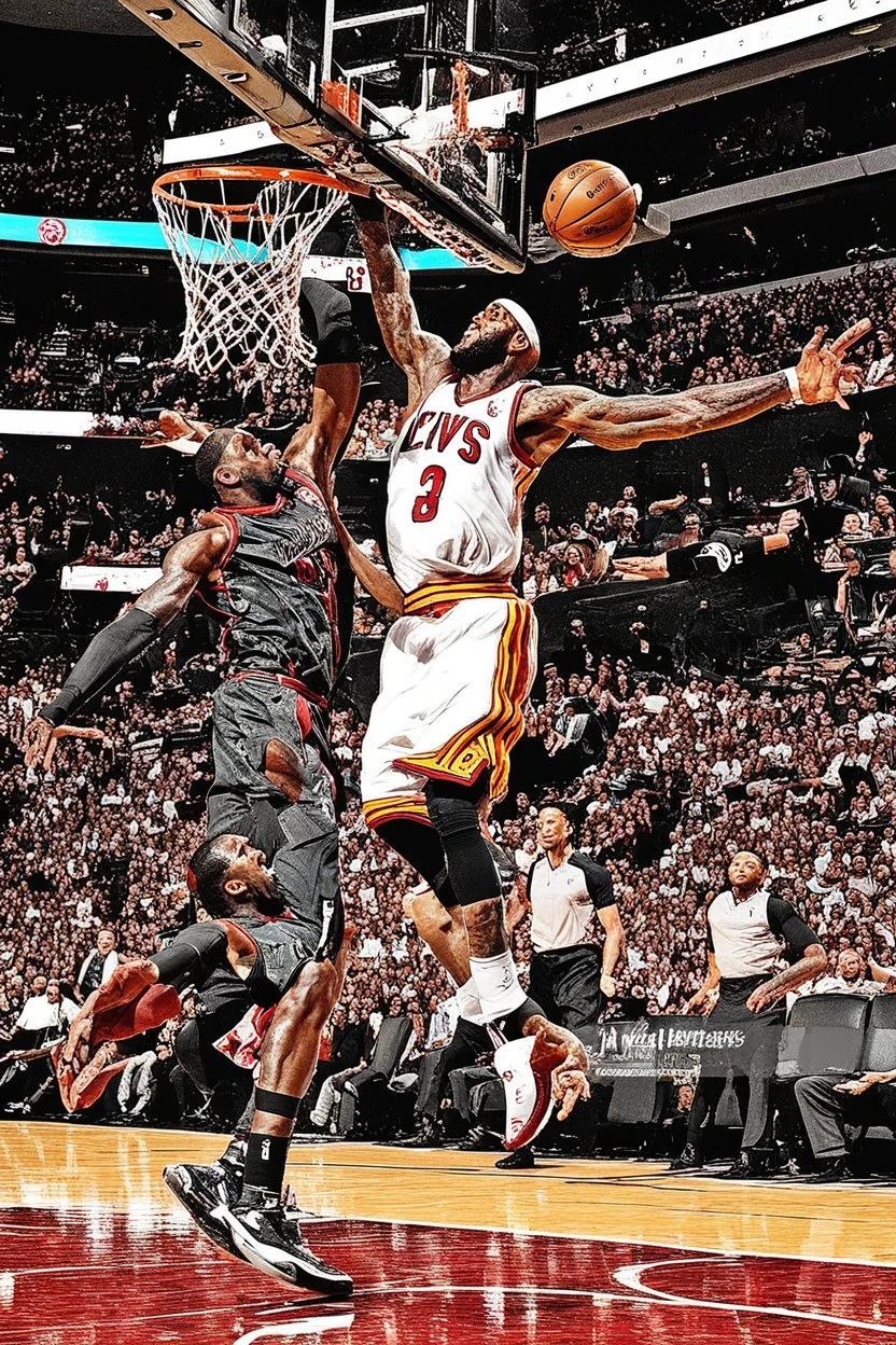 lebron james passing the ball to dwayne wade and dunking violently on michael jodrdan