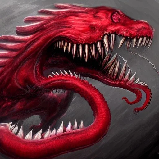 Red Tentacle monster with teeth, horror, detailed, realistic, gore, eyes, 4K, fantasy, scary, demonic, hyper realistic, huge