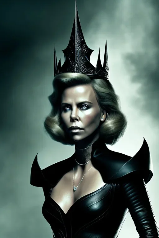 portrait of charlize theron as evil queen in black leather gown, leather, angry, stern look, volumetric lighting, particales,highly detailed,cinematic, deep colours,8