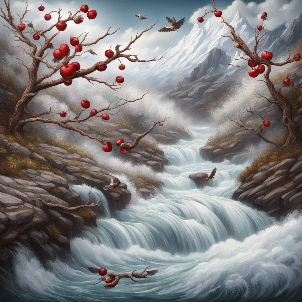 Rustic cherry branch floating down narrow rushing river, violent rapids, white peaks, birds flying. Highly detailed, fantasy, beautiful,hyperrelastic,