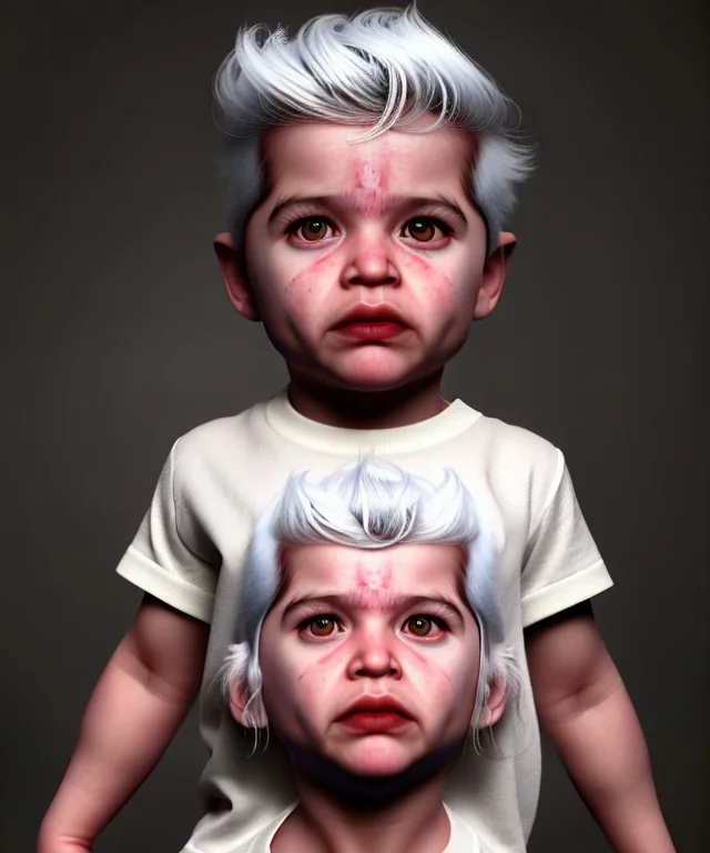 Pedro almodovar toddler, full body, white hair, floral shirt, dramatic lighting, hyper realistic