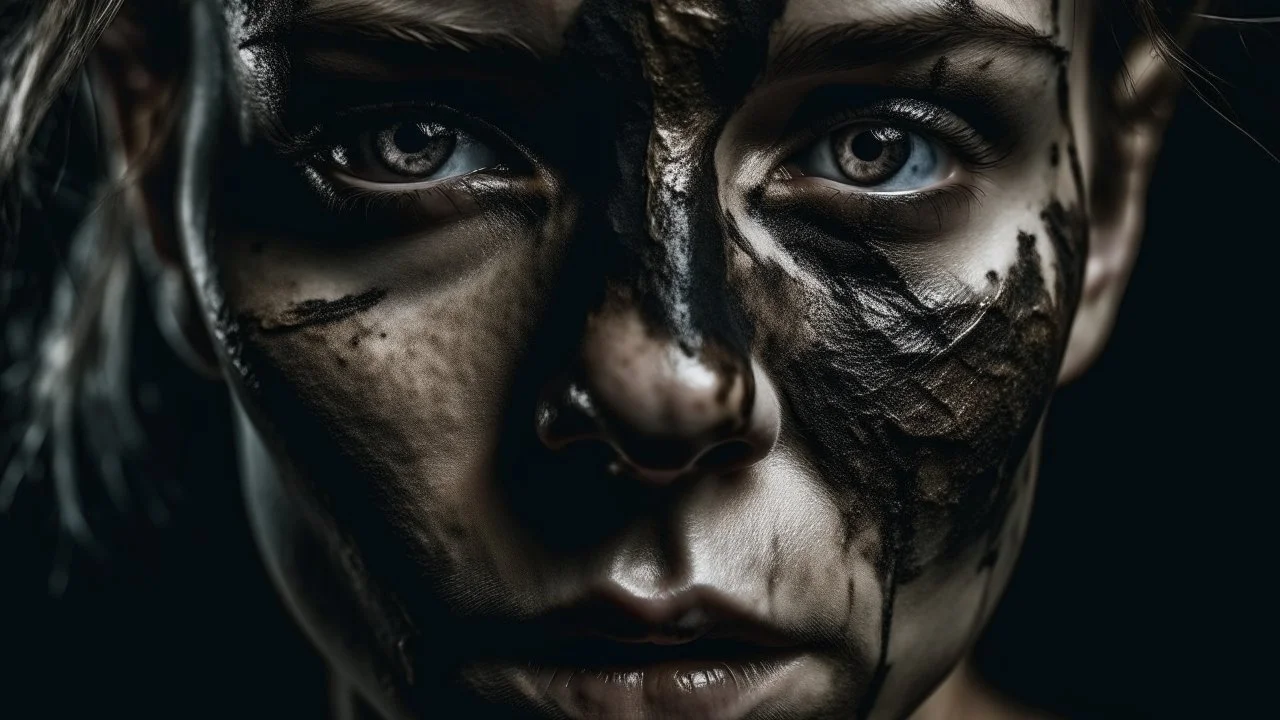 A close-up, abstract portrait of a woman's face and upper torso, rendered in a dark, gritty, and expressive style. The subject's face is partially obscured by bandages and what appears to be metallic plating, with visible cracks and openings revealing a complex inner structure. Her eyes are dark and intense, with heavy black makeup smudged around them. The entire composition is heavily textured with thick, impasto paint strokes and dripping paint in vibrant colors like red, blue, yellow, and bla