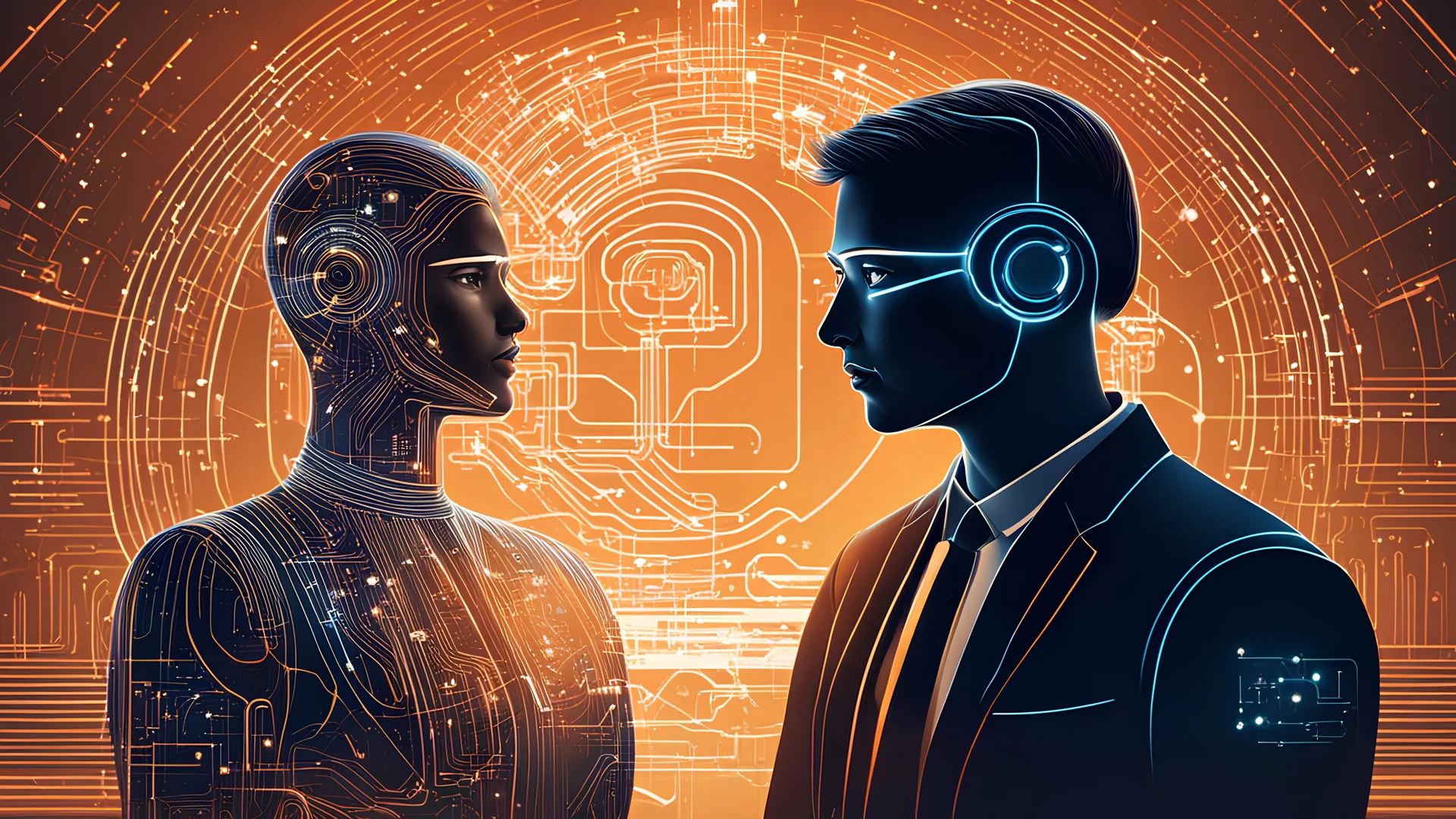 This illustration portrays the harmony between artificial intelligence (AI) and a recruiter. In the foreground, a futuristic AI silhouette symbolizes its efficiency. Next to it, a welcoming human recruiter represents the human element. Subtly drawn connection lines between them suggest seamless communication. The metallic colors of the AI contrast with the warm hues of the recruiter, highlighting technology and empathy. This image illustrates cooperation between AI and humans, emphasizing their