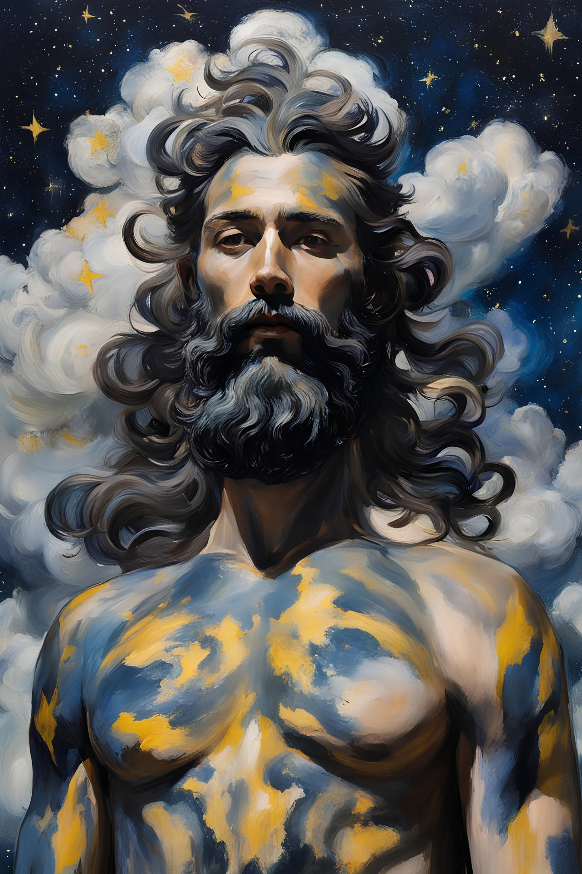 Otherworldly, Otherworldly, George Baselitz Iris Van Harpen handsome young stoic bearded ZEUS open the clouds starry skies thunders, detail faces and body parts, total body-paint glitter, back view