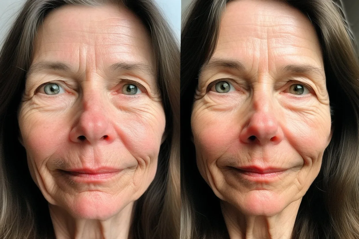 A selfie of a brunette woman, middle long hair, showing a 59-year-old European woman. She has brown hair, face without makeup, cute nose, detailed full lips, skin texture. Split screen and show on the right side the same face but without wrinkels and 15 years younger and more beautiful