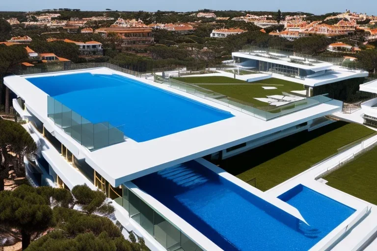 algarve in quinta do lago, one straight line building of 250 meters long pool on the rooftop of that modern luxury architecture building made in white render, wood and gold metallic pergolas with pool on rooftop, overlooking a slope with pinus pinea