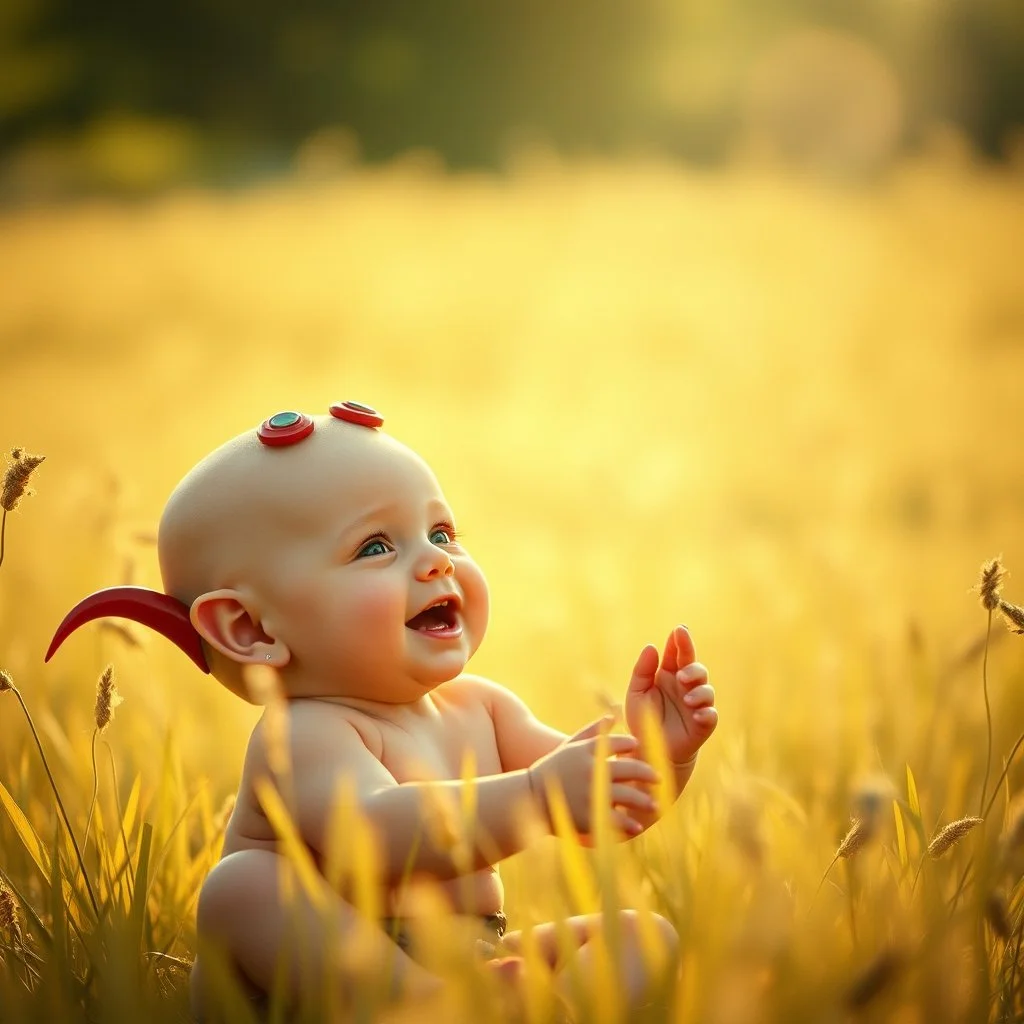 Baby Hellboy playing with a happy real baby in a sunny field, Cinematic still, film grain, vignette, color graded, post-processed, cinematic lighting, best quality, atmospheric, a masterpiece, epic, stunning, dramatic