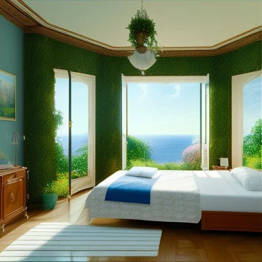 Une chambre à coucher de 400 x 320 centimetres, avec une baie vitrée de 270 centimetres donnant sur le jardin, avec la mer en bas du jardin au dessus d'une petite falaise. Décoration style art nouveau.