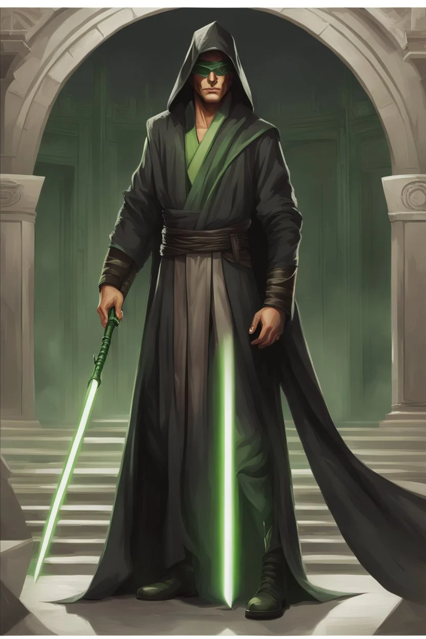 Full Body, Male Tan Human, Shredded Boyd, Sith, Blindfold, Green and Black Robes, Handsome face, Black hair.