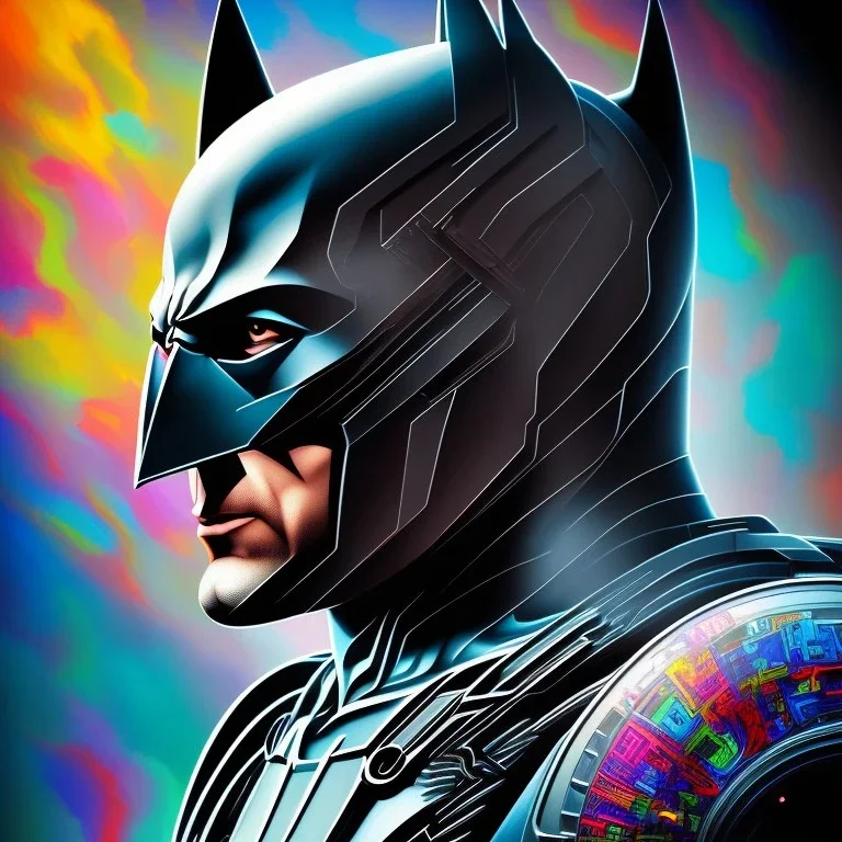 In a futuristic art gallery, a digital artwork of Batman's head captures the attention of all who pass by. The image is rendered in bold, vibrant colors and intricate details, creating a striking visual impact that is perfect for merchandise such as t-shirts and mugs. The image shows a close-up of Batman's head and face, with the iconic cowl and bat emblem prominently displayed. The image is set against a dark, shadowy background, adding to the drama and intensity of the piece. This digital artw