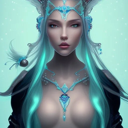 Air witch, majestic beauty, Asian, silver colored eyes, aqua hair in a long ponytail, wearing an aqua witch hat, wearing an aqua crystal necklace