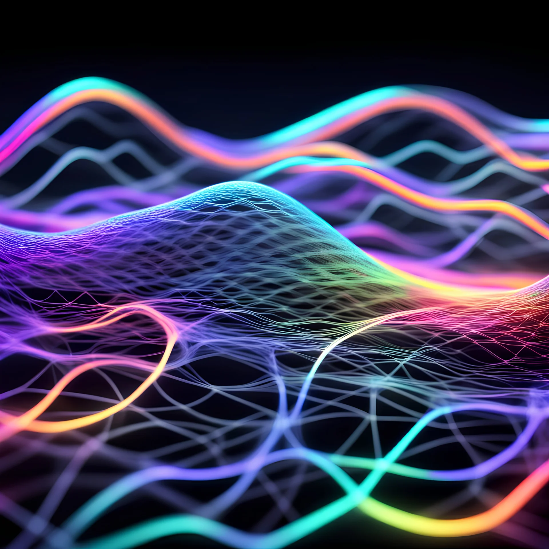 Musical Wave , #FCFC03 color LED network lines , Realistic 3D Render, Macro, mesh, wave network, geometric, Nikon Macro Shot, Kinetic, Fractal, Light Led Points, Generative, Neural, Computer Network, Conections,