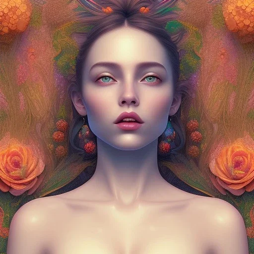 3d smilling woman,topless, full body and face shown, 32K, intricately detailed, plants, flowers, colorful, rtx, unreal engine 5, art nouveau, clouds, smoke, square type face