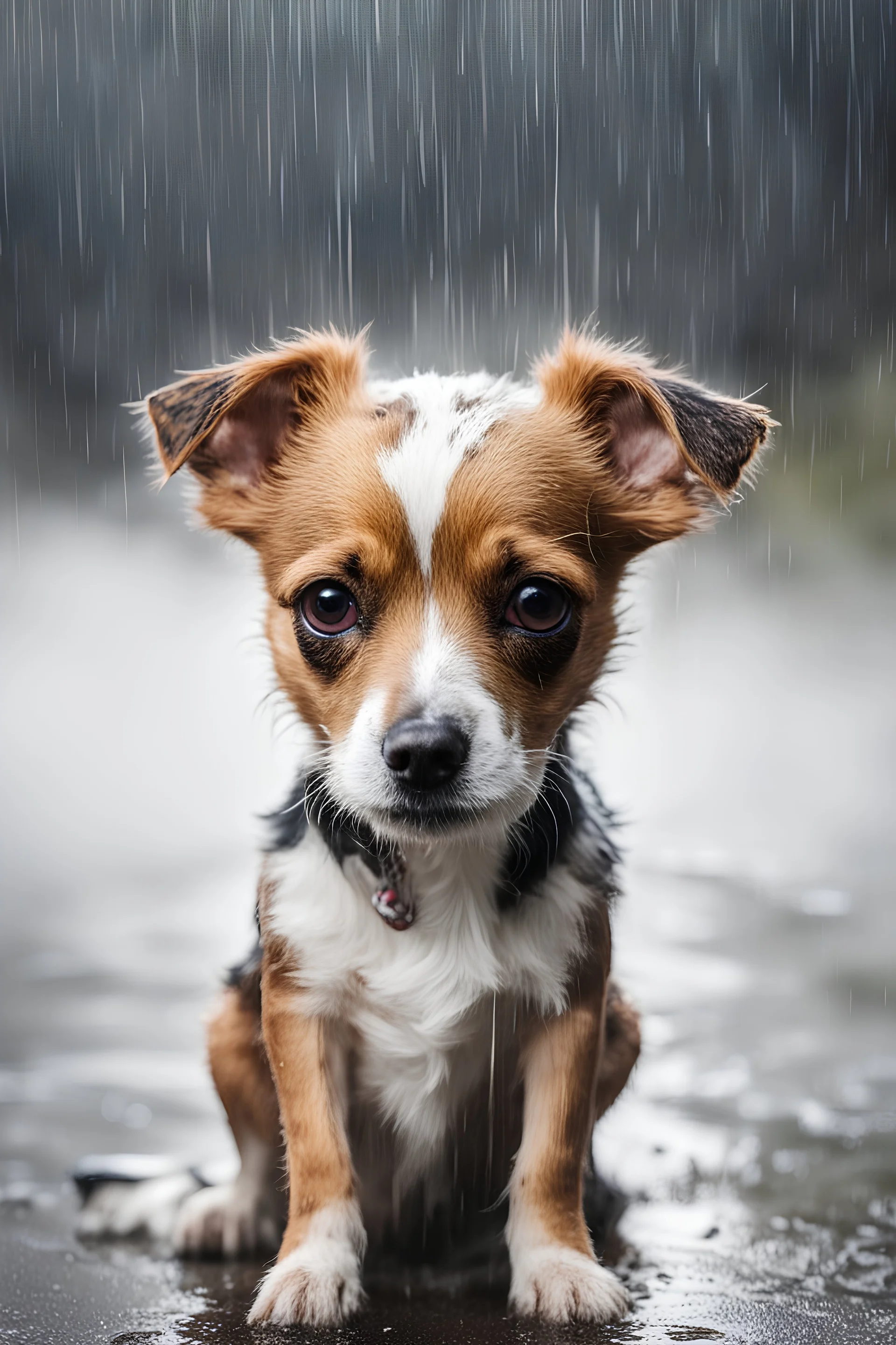 Stray homeless dog. Sad abandoned mixed breed chichuahua jack russell hungry puppy sitting over a white background under rain. Dirty wet lost dog outdoors. Pets adoption, shelter, rescue, help for pets