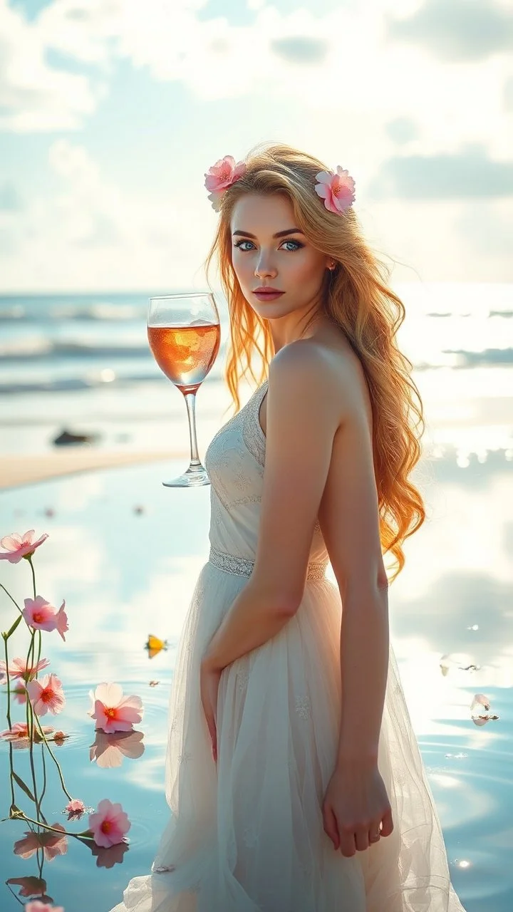 At the background of a beach with a mirror surface stands a beauty with blue eyes, surrounded by light and flowers, wih a Bellini creating an atmosphere of magic and harmony.