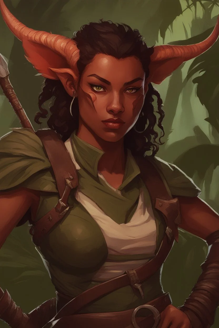 A DnD character. A female horned Tiefling ranger in a jungle. The Tiefling has a little dinosaur on her shoulder and a rapier in her hand.