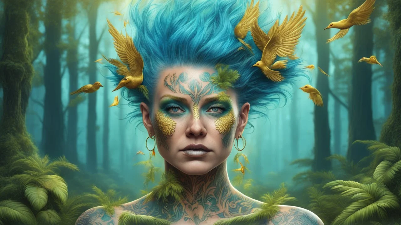 blue background, punk 45 years old, forest on the head, plant hair, green plants, golden birds, golden makeup, tattoo, shiny aura, very detailed, fine rendering, high detail, high resolution, 8K