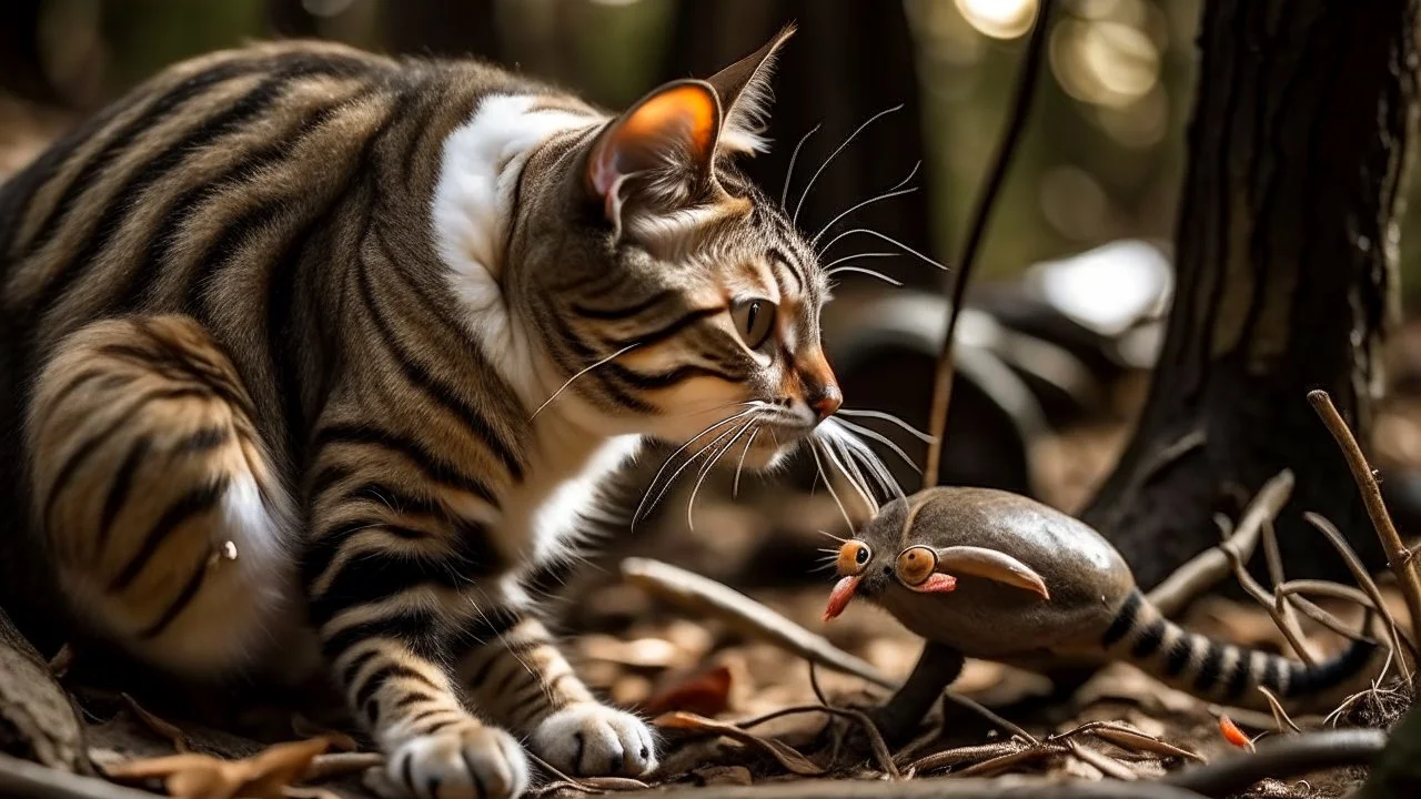 cat playing with mouse in the forest