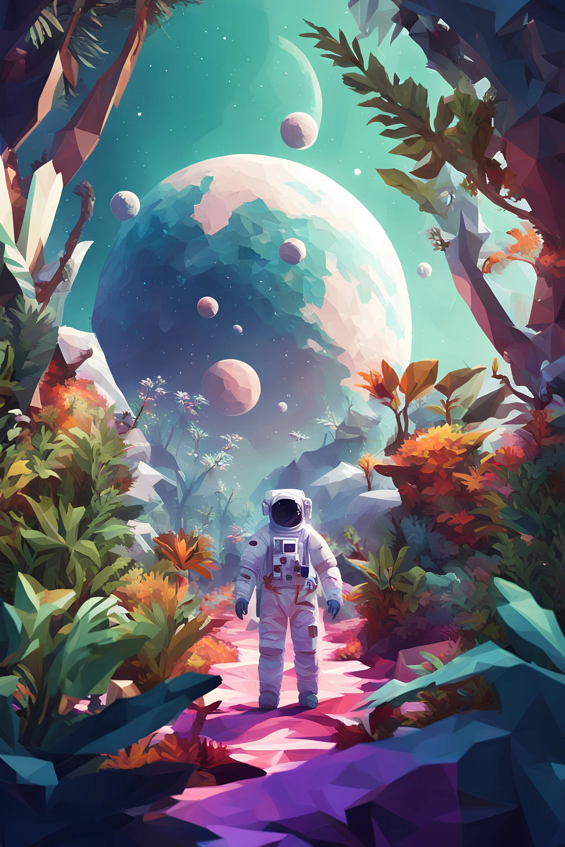 (((close midshot))), (((low poly art:2))), (astronaut), ultra-detailed illustration of an environment on a dangerous:1.2 exotic planet with plants and wild (animals:1.5), (vast open world), astronomer inspired, highest quality, no lines, no outlines candid photography.