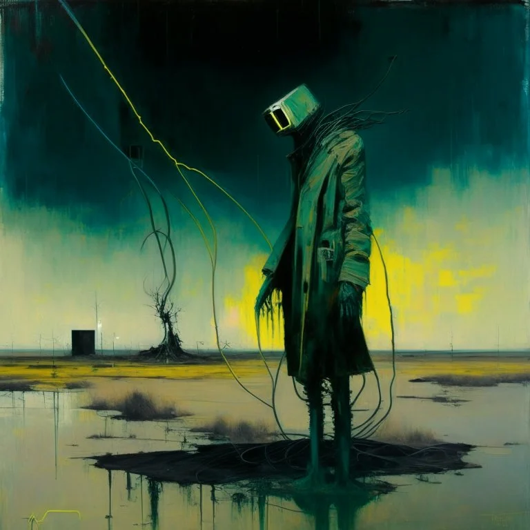 Dystopian future twisted body with retro monitor head and handing wires. Wearing a trench coat. In desolate landscape at night. With a concrete decaying block. Abstract oil painting in style of Justin Mortimer