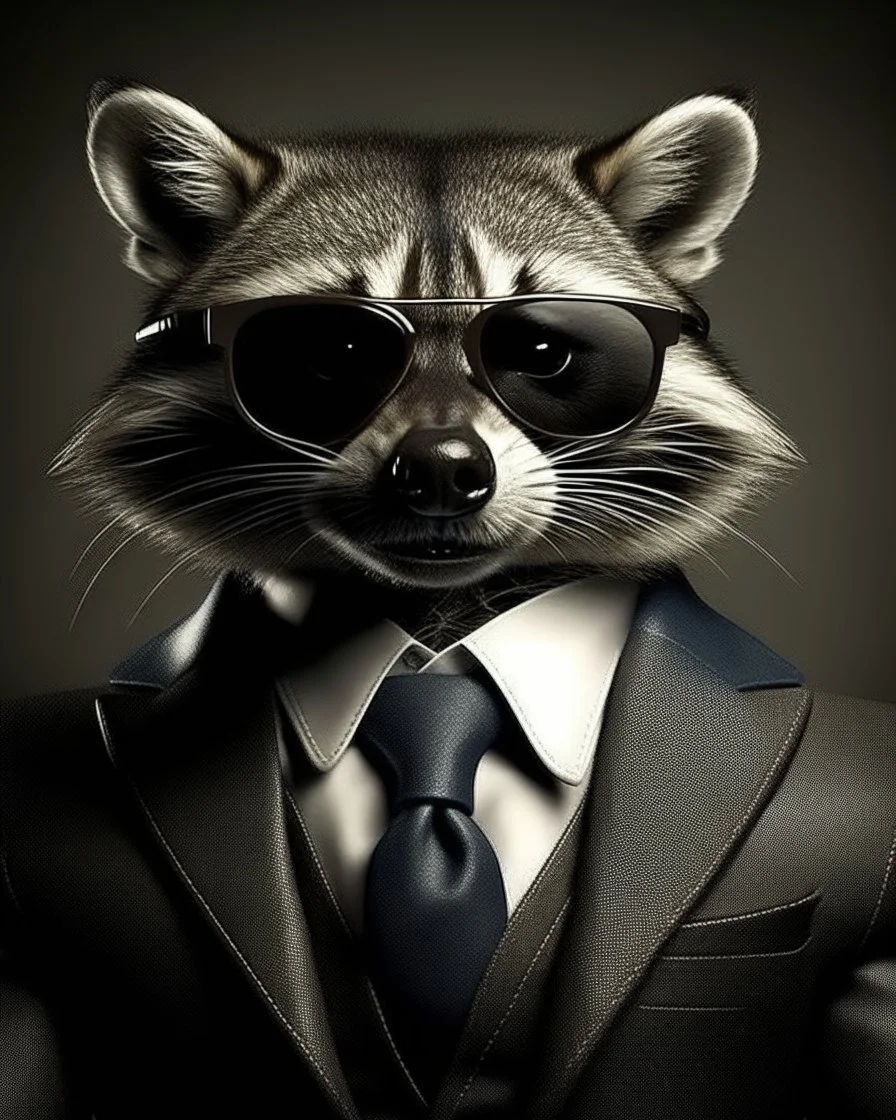 Wearing a suit, domineering, raccoon, wearing sunglasses, full of charm, texture, perfect details,