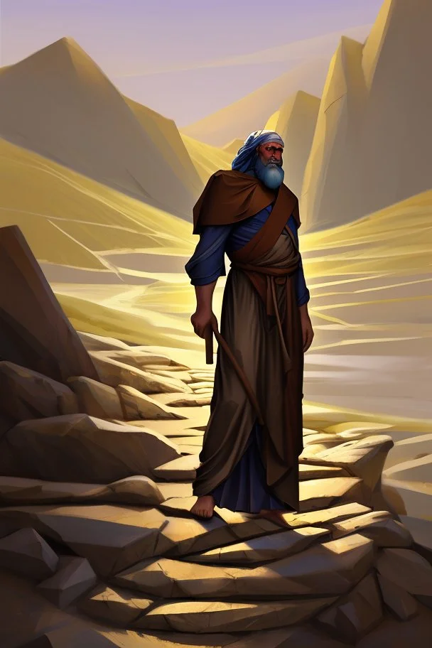 Moses stands on a mountain and holds a crooked wooden staff, at his feet are fragments of stone tablets on which the 10 commandments were written, and below is a valley with the cities of Palestine of sands, tents and mountains. There is a silhouette of God in the sky. Everything is painted in oil painting with high-quality drawing of details