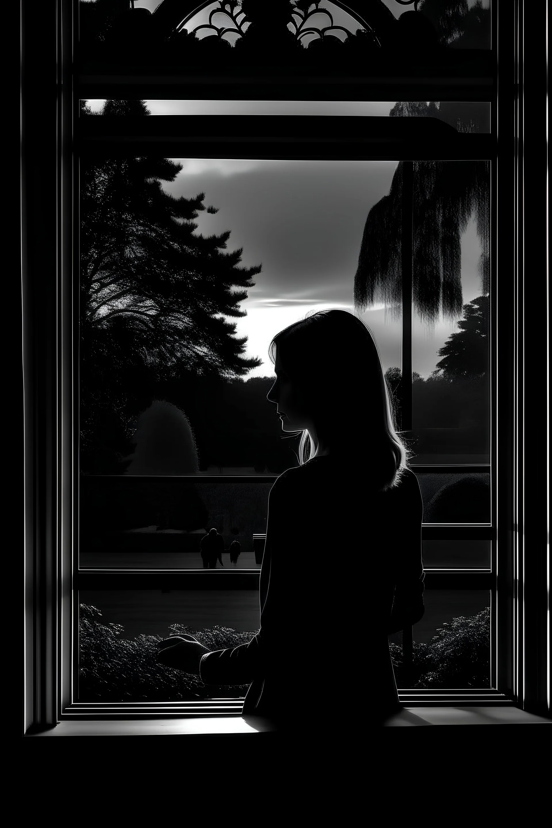 mujer mirando por un ventanal hacia un parque con arboles, en un atardecer. paleta de colores naranjas negro y blanco. sensacion de melancolia