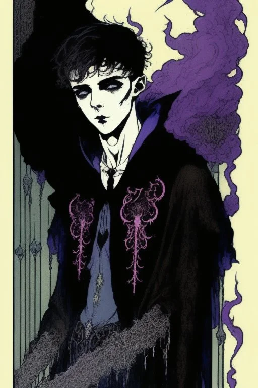 17 year old boy, necromancer, friendly, looks dead, surrounded by weird smoke with eyes, wearing black robes, in the style of Harry Clarke