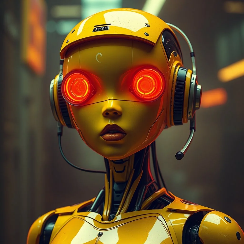 a feminine android robot, yellow, dystopia, cyberpunk, neon, obsolete