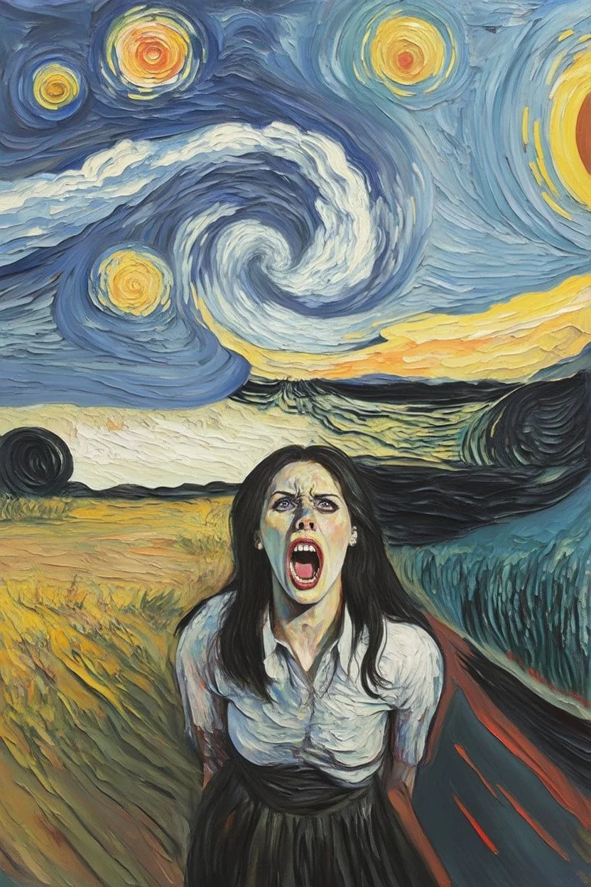 Artwork entitled "screaming into the void" has a woman screaming in a similar manner to Edvard Munch's "The Scream" caught in a rotating vortex of land meeting sea meeting sky stylized like a post-impressionist painting; symbolism; lowbrow