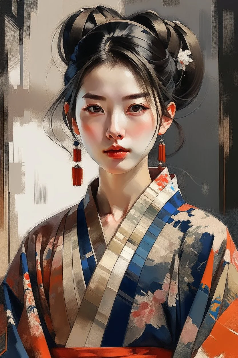 Neoclassicism japanese woman portret modern clothing painting modern 2024 from the front face modern chothing