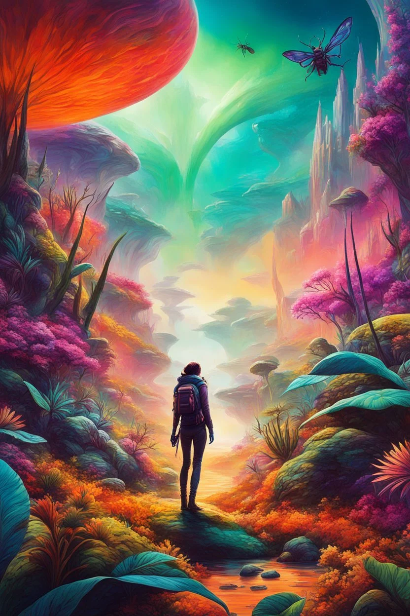 The exploration team enters a surreal landscape, immersed in an otherworldly haze. Captain Aurora Mitchell leads with confidence and curiosity. Vibrant colors and giant alien insects surround them. Exotic flora sways gently, whispering secrets on the wind. The team moves in synchrony, connected on a deeper level. The landscape responds to their presence, inviting them to uncover its mysteries. Alien insects flutter, casting shimmering reflections of vibrant colors. The surreal tapestry beckons t