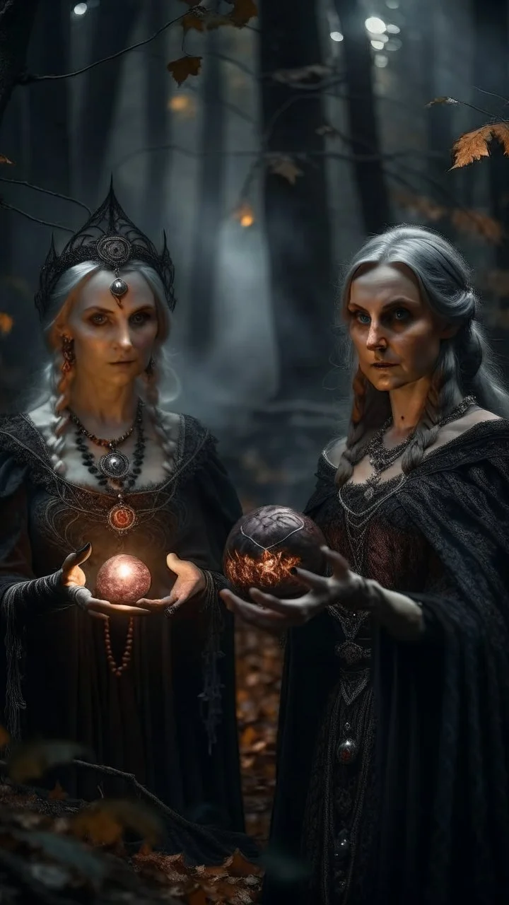 close up portrait of merciless medieval countess and her creepy sister in big eyed trance, delicate metal gloves holding fire ball portal, full moon, swirly mist,autumn wind, performing arcane invocation ritual of smoke demon with immense power on luminous stone altar in dark forest grove, shot on Hasselblad h6d-400c, zeiss prime lens, bokeh like f/0.8, tilt-shift lens 8k, high detail, smooth render, down-light, unreal engine, prize winning