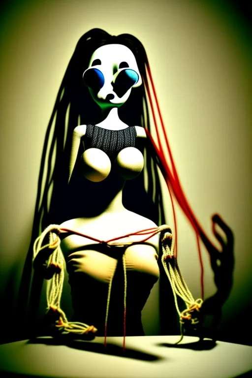 a surreal abstract image of a woman seated on a table,facing to the front ,she is connected to string like a puppet, arms in air, moved by the strings, puppet like features in the face, beautiful face, behind her also facing the front is the puppet master,is a huge image of a man holding the strings, creepy gothic character,.zoomed in, dark and shadowy background with selective lighting on the woman, gothic and chaotic