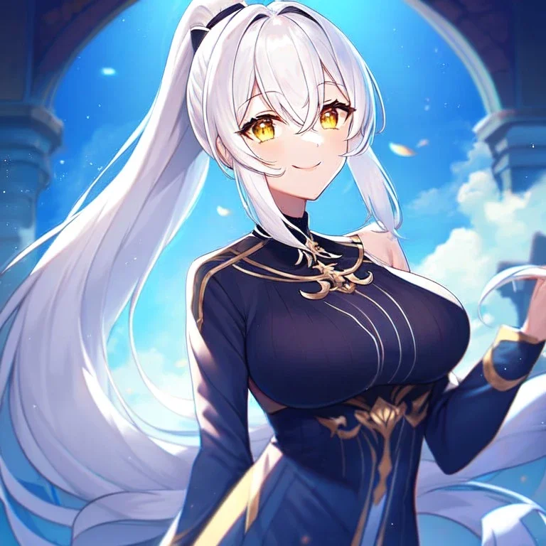 girl, masterpiece, best quality, volumetric lighting, detailed outfit, perfect eyes, vibrant colors, white hair, long hair, vibrant golden eyes, ponytail, smile,