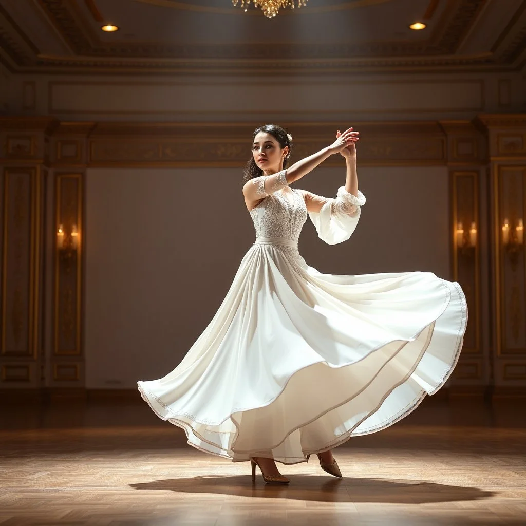 For a known Azeri female dance choreography, the most iconic and recognizable style is the **"Naz Elama"** or the **"Lale" (Tulip)** dance. These dances are characterized by fluid, swan-like arm movements, intricate hand gestures, and a very smooth "gliding" step where the dancer appears to float across the floor. in a modern huge stage in a royal hall