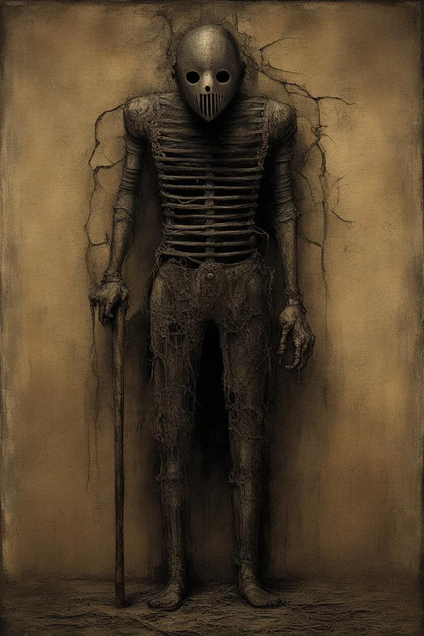 The full body of a prisoner man with iron mask holding a bat, Scary face , decayed and rotting with grotesque proportions and imagery. abstract grotesqueries, detailed texture, surreal horror, biomechanical design, by hr giger and beksinski