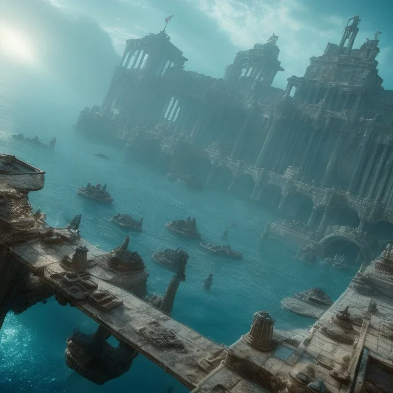 sunken underwater city of atlantis , fish swimming around, highly detailed, cinematic, ultra photorealistic, ultra realistic, volumetric lighting