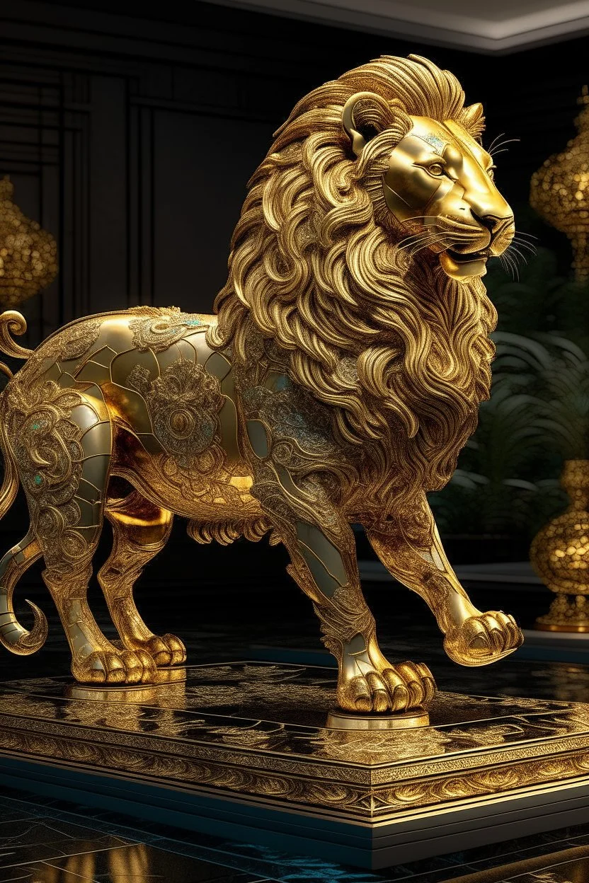 A giant statue for a lion out of this world with intricate gold patterns,surrounded by reflective water pools and soft ambient lighting. 3D metallic finish, Indian and Asian heritage theme."